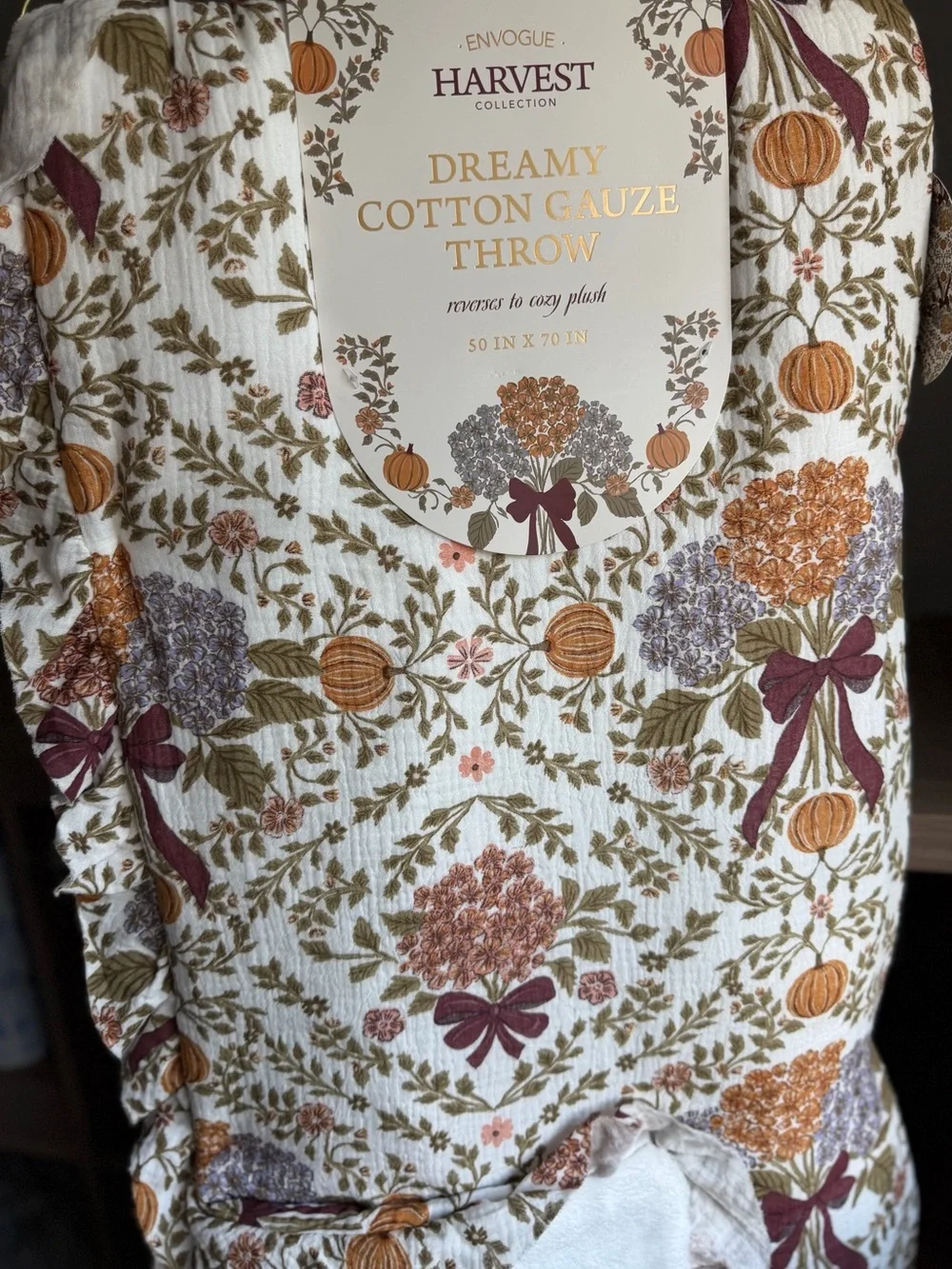 ENVOGUE Dreamy cotton gauze throw fall harvest pumpkin bows cottage core 50”x70